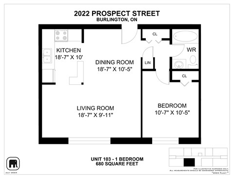 A floor plan for a 680 square foot unit at 2022 Prospect Street in Burlington, ON.
